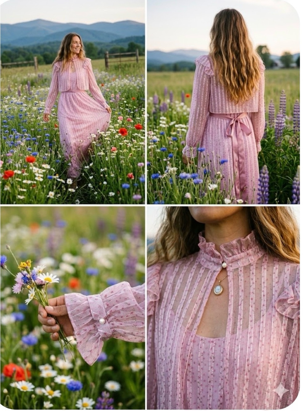 Vtg 70s ILGWU Sheer Pink Floral Stripe Maxi Dress & Capelet Set Prairie Small